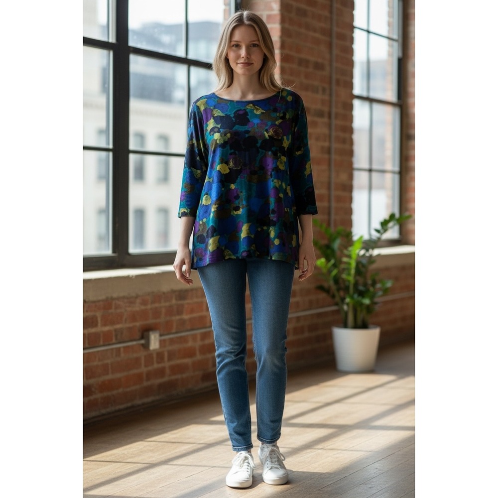 Habitat Tunic Top Womens L Blue Purple Green Abstract Floral 3/4 Sleeve GORPCORE